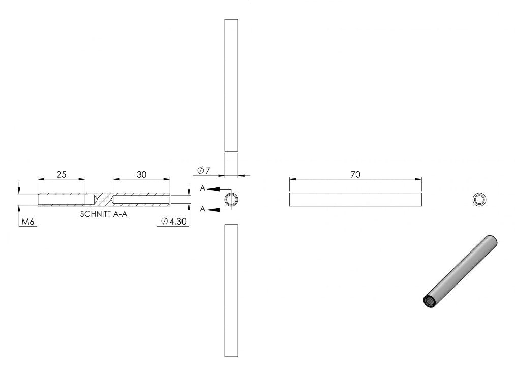Zeichnung Gewindeterminal für Seil Ø 4 mm; mit Innengewinde M6 rechtsgängig