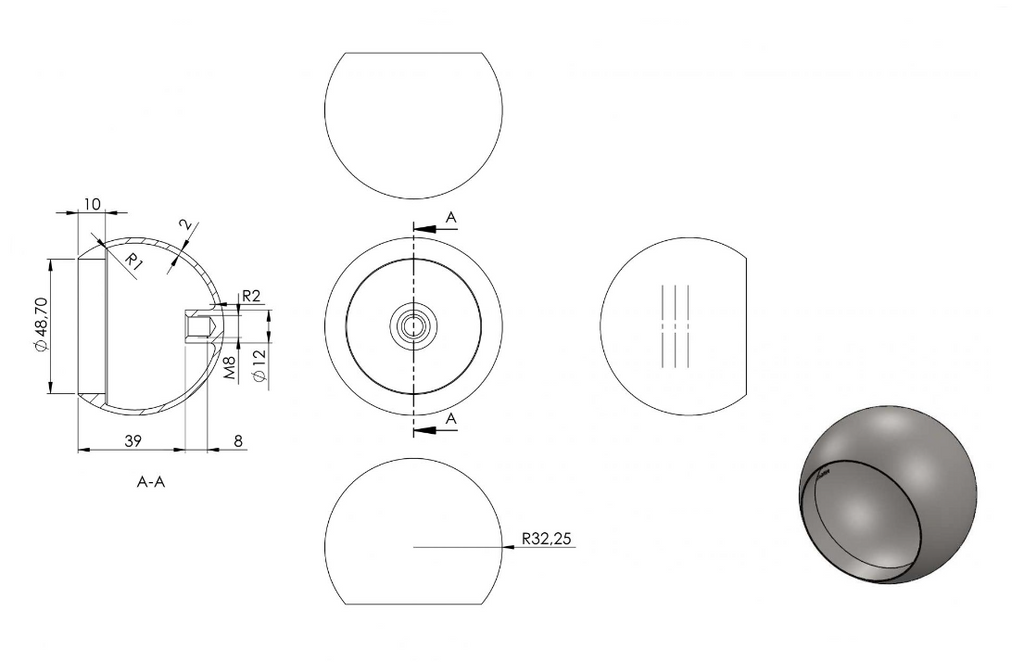 Zeichnung Rohrabschlusskugel für Rohr Ø 48,3 mm