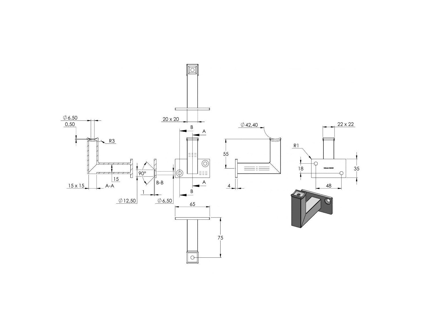 Zeichnung Handlaufhalter für Handlauf Ø 42,4 mm
