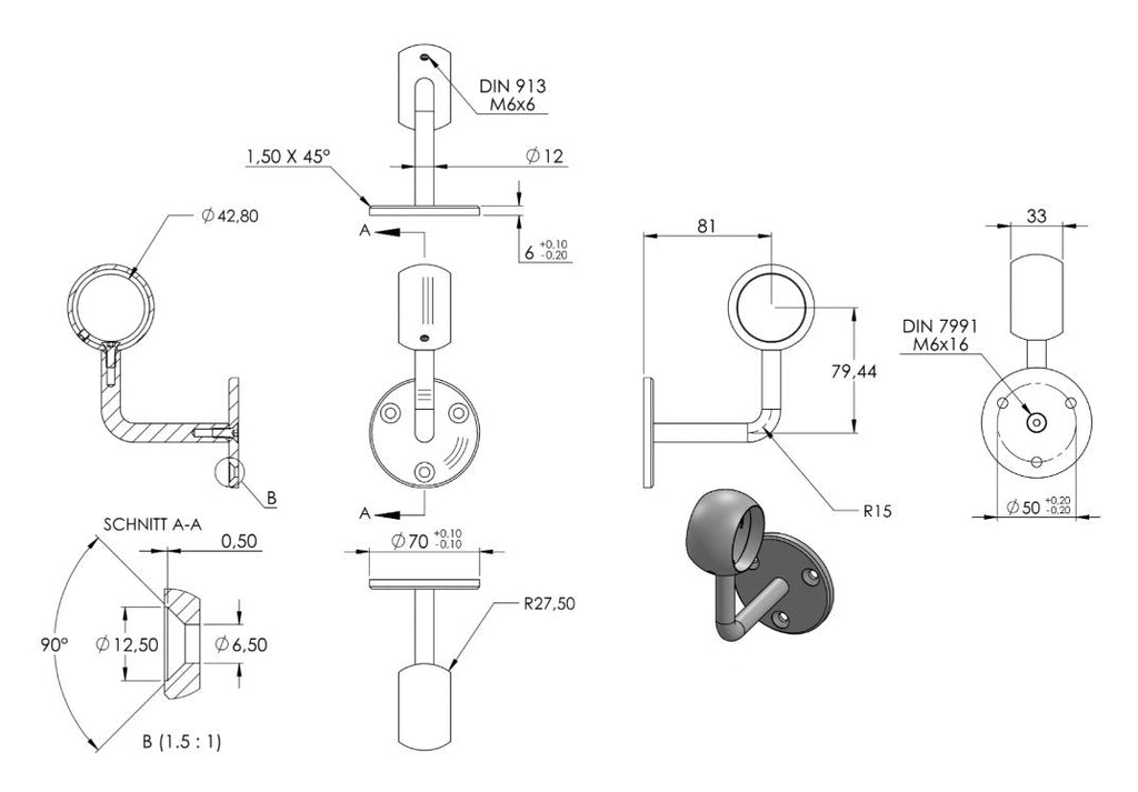 Zeichnung Handlaufhalter mit Kugelring für Handlauf Ø 42,4 mm / Bügel Ø 12 mm