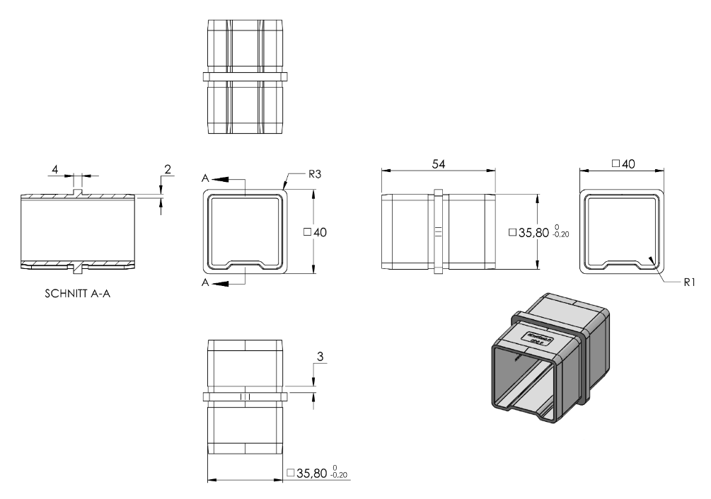 Zeichnung Quadratrohr-Verbinder für  Rohr 40 x 40 x 2,0 mm