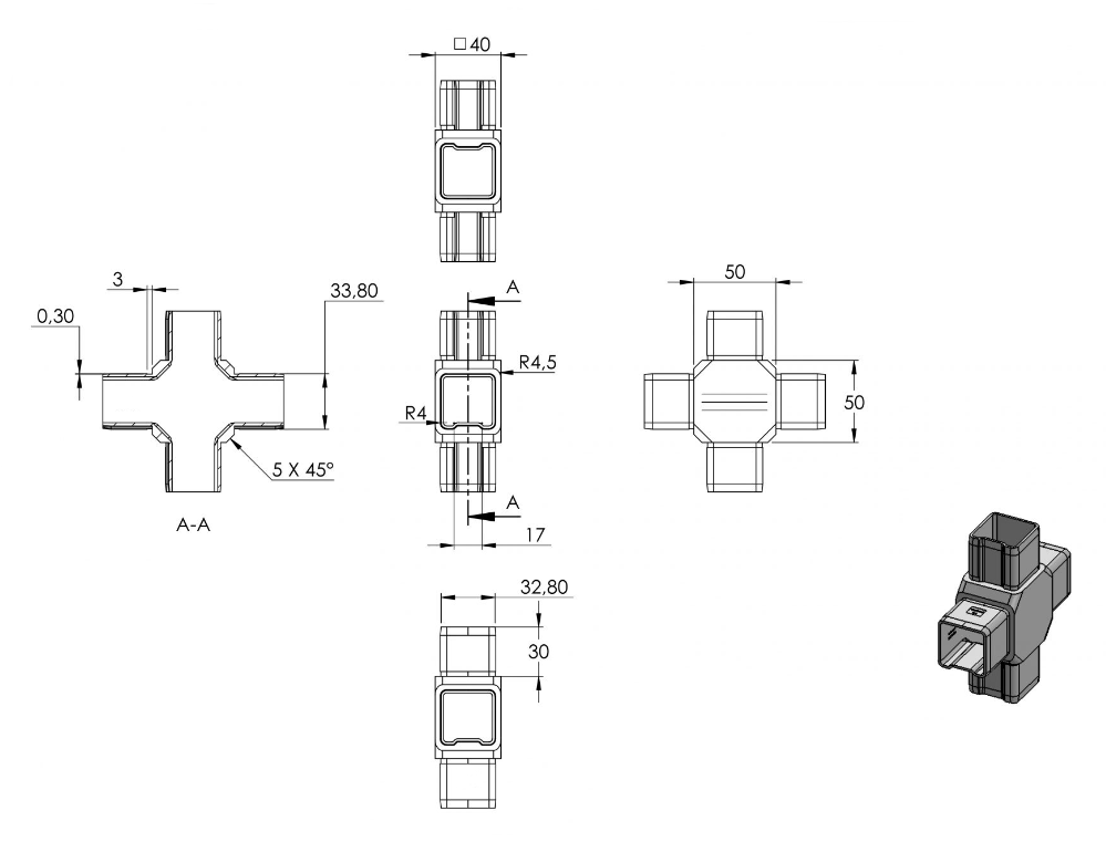 Zeichnung Kreuzverbinder für Quadratrohr 40 x 40 x 3,0 mm