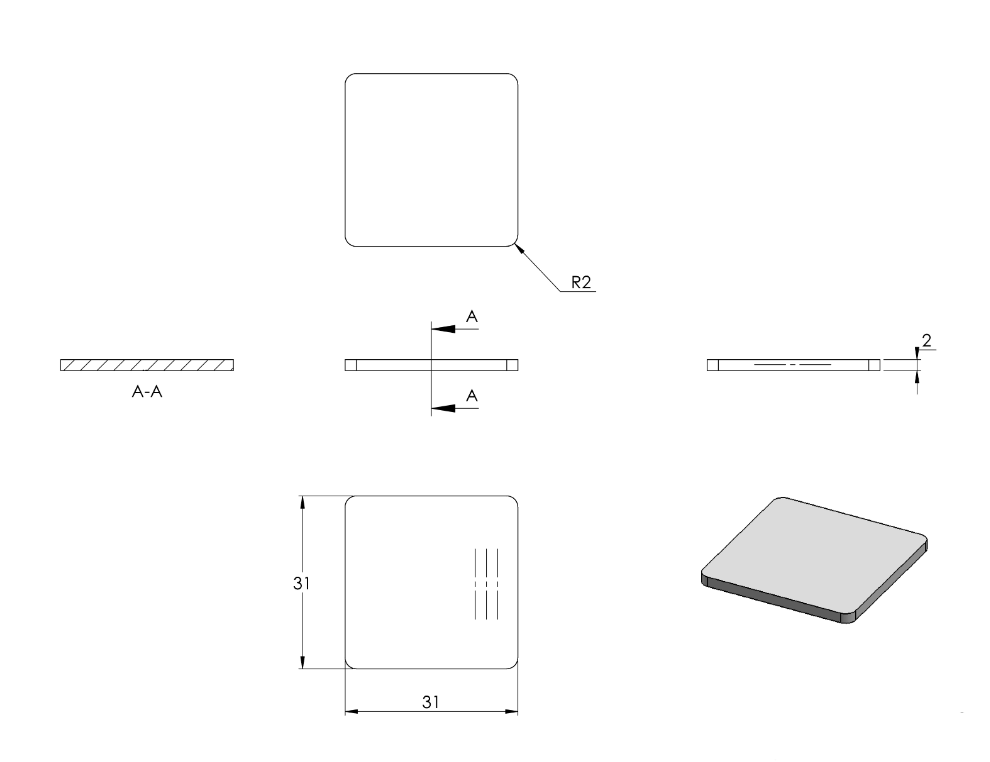 Zeichnung Flachkappe Stärke 2 mm für Rohr 30 x 30 mm