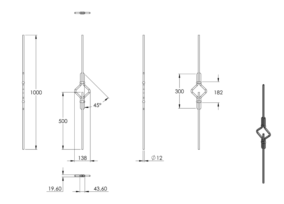 Zierstab mit Goldbund, für Zierelement mit Sackloch, Länge 1000 mm, V2A