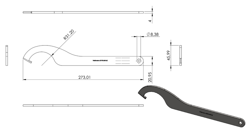 Hakenschlüssel für Glaspunkthalter Ø 62 mm, V2A