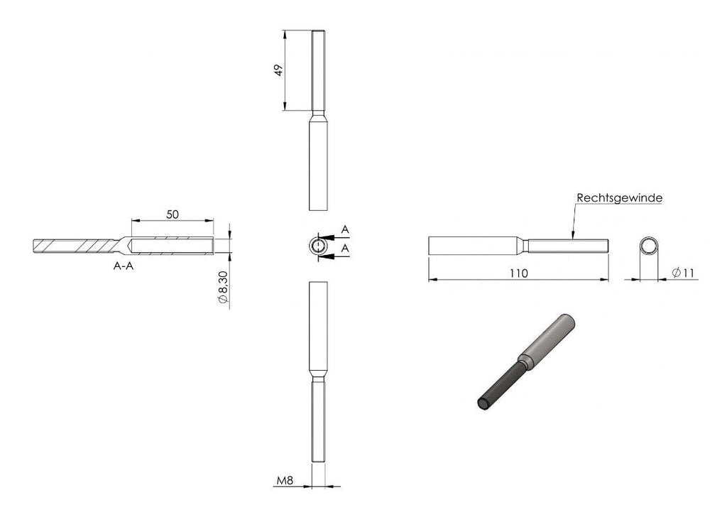 Zeichnung Gewindeterminal für Seil 8 mm, mit Außengewinde M8 rechtsgängig