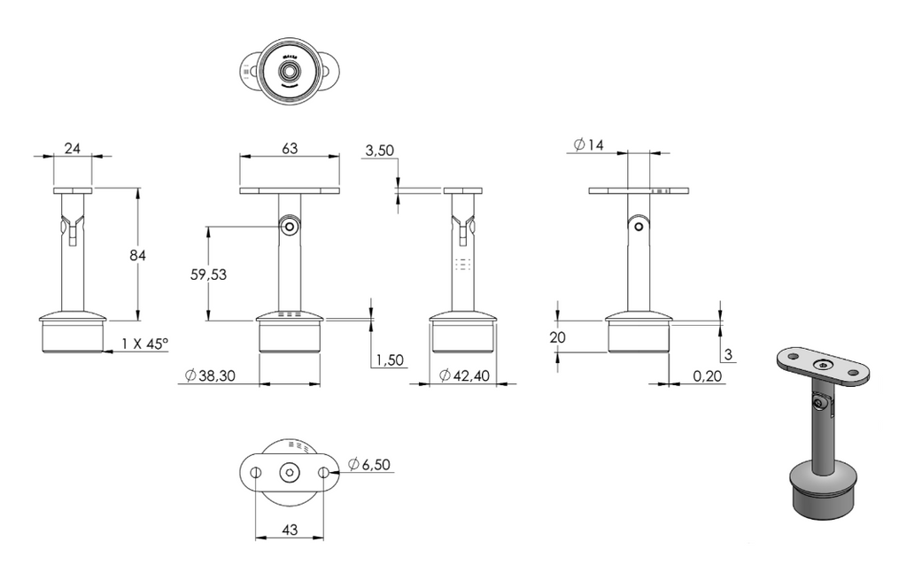 Zeichnung Handlaufstütze für Rohr Ø 42,4 x 2,0 mm, Stift Ø 14 mm, Handlaufanschlussplatte flach