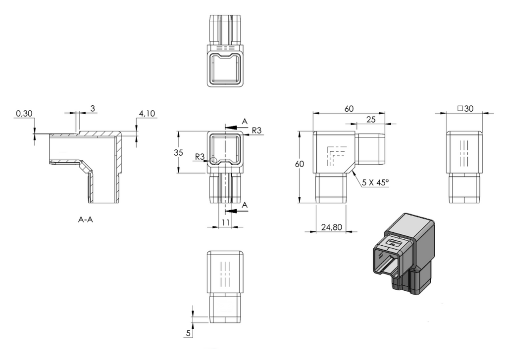 Zeichnung Quadratrohr-Verbinder für Rohr 30 x 30 x 2,0 mm