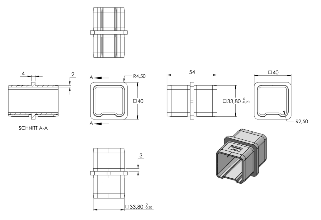 Zeichnung Quadratrohr-Verbinder für  Rohr 40 x 40 x 3,0 mm
