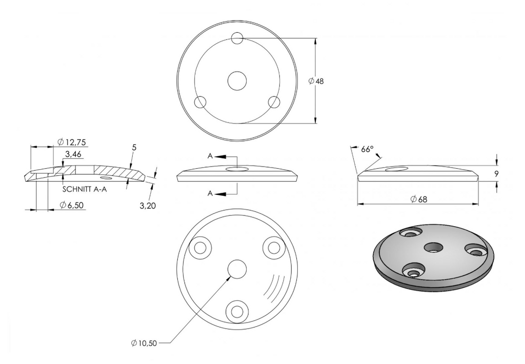Edelstahl Ronde gewölbt, mit Fase, Mittelbohrung und 3 gesenkte Bohrungen, Rundschliff, V2A/V4A