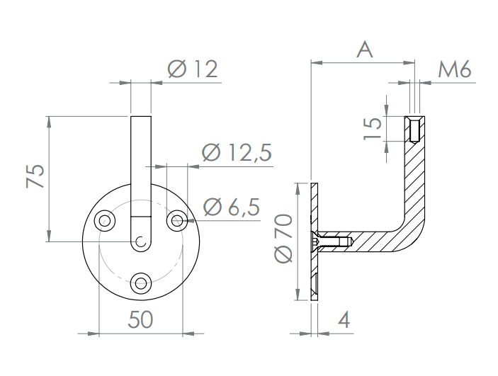 verschraubter Handlaufhalter mit Innengewinde M6, V2A, variabel bestückbar mit Anschlussplatte