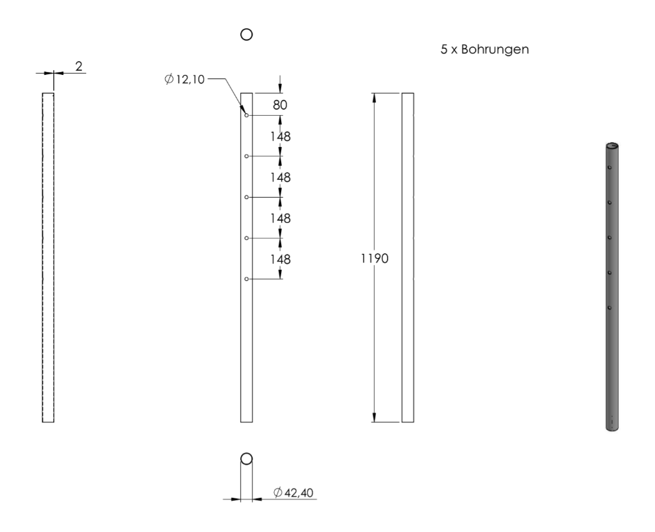 Edelstahlpfosten, mit 5 Bohrungen einseitig, V2A