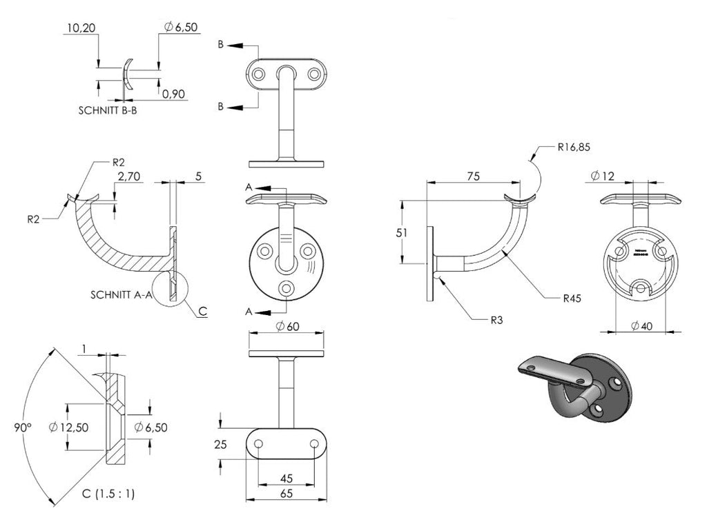 Zeichnung Handlaufhalter mit Anschlussplatte Ø 33,7 mm