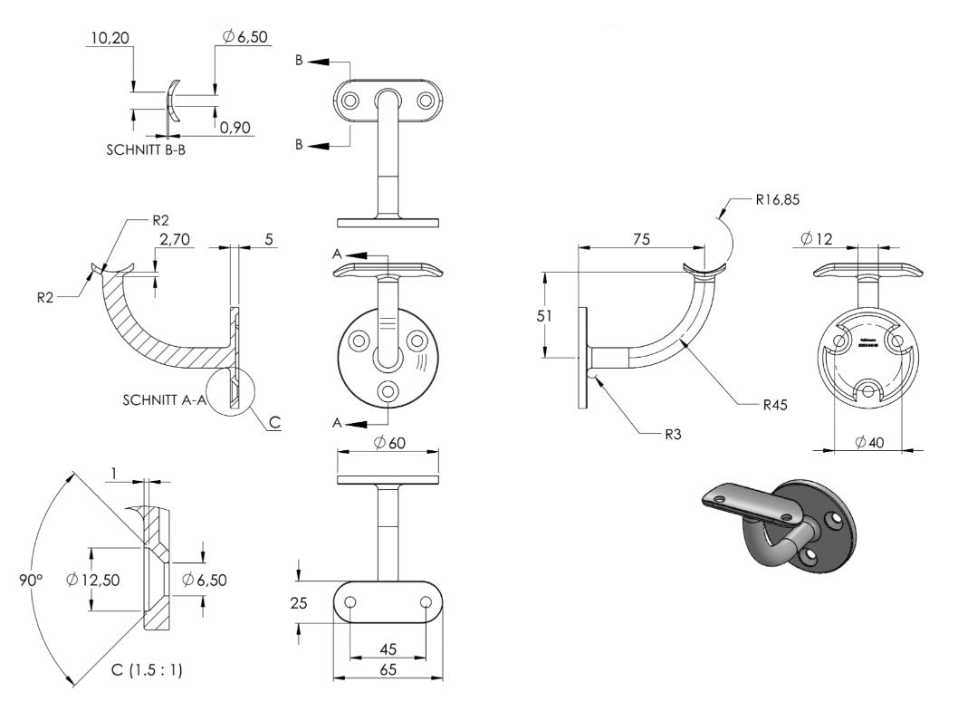 Zeichnung Handlaufhalter mit Anschlussplatte Ø 33,7 mm