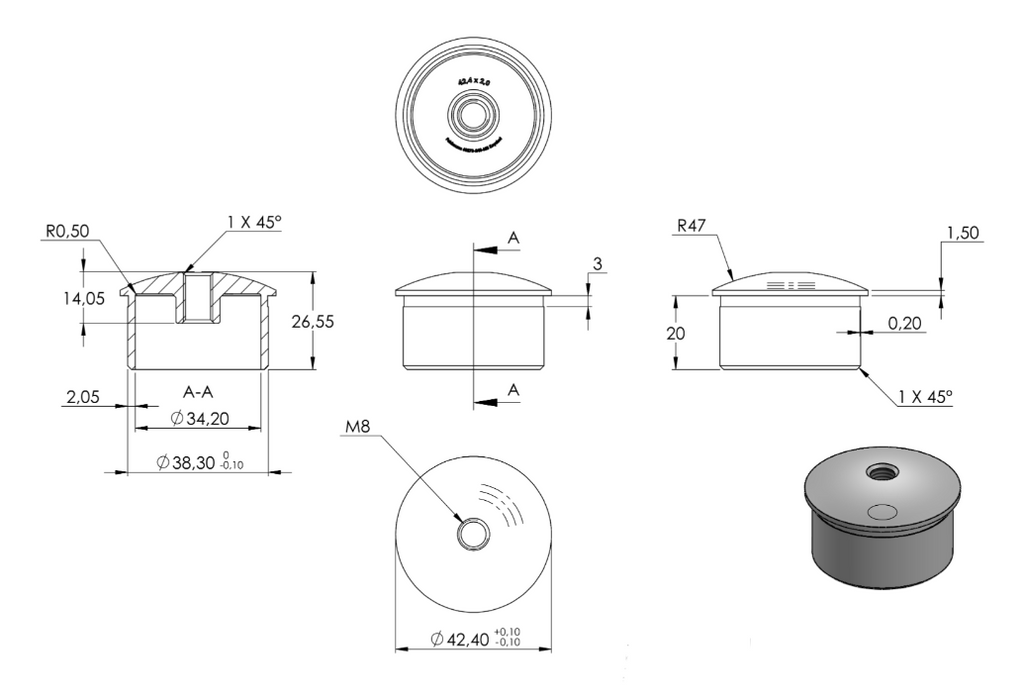 Zeichnung Stopfen für Rohr Ø 42,4 x 2,0 mm
