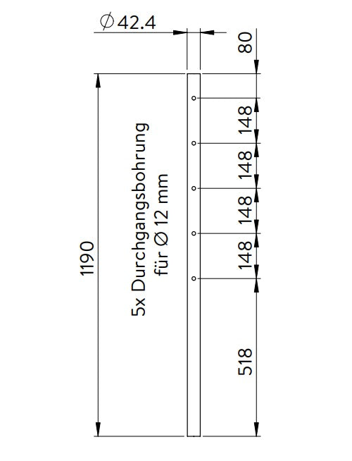 Edelstahlpfosten, mit 5 Durchgangsbohrungen (Mittelpfosten), V2A