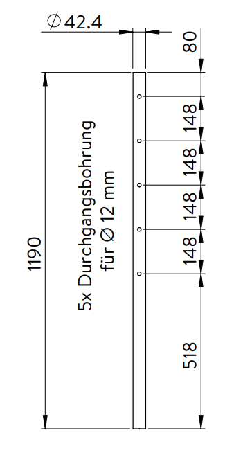 Edelstahlpfosten, mit 5 Durchgangsbohrungen (Mittelpfosten), V2A