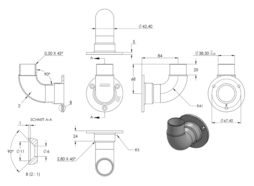 Zeichnung Wandhalter für Rohr Ø 42,4 x 2,0 mm