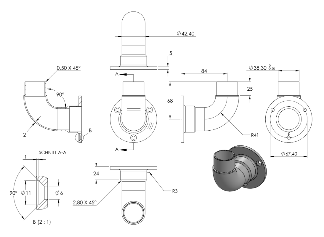 Zeichnung Wandhalter für Rohr Ø 42,4 x 2,0 mm