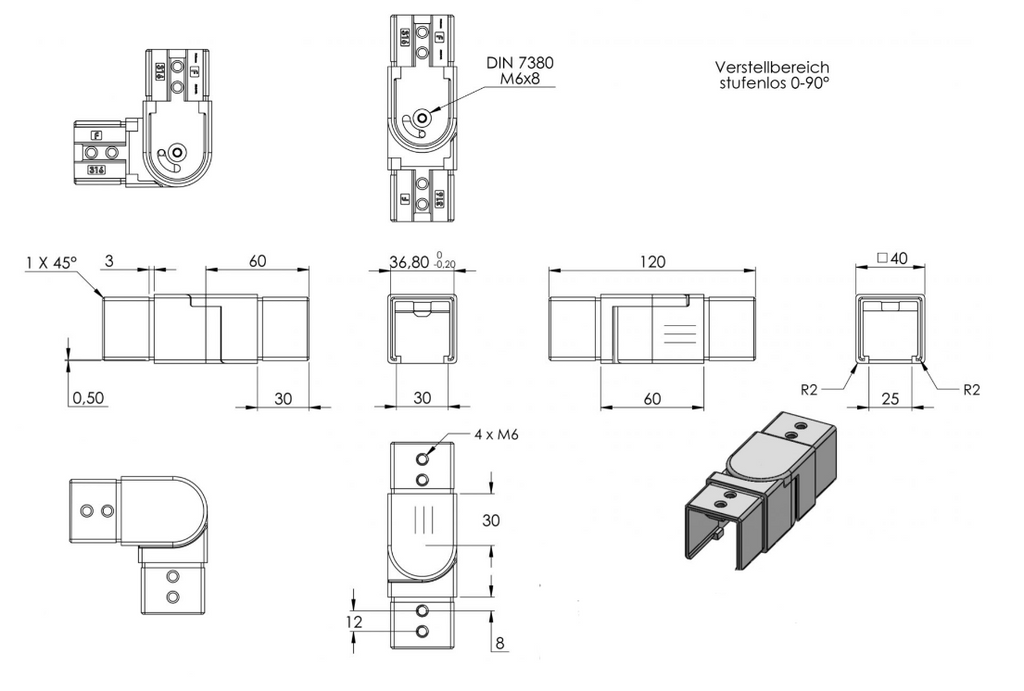 flexibler Verbinder für Quadrat-Nutrohr, seitwärts 90-180°, V4A