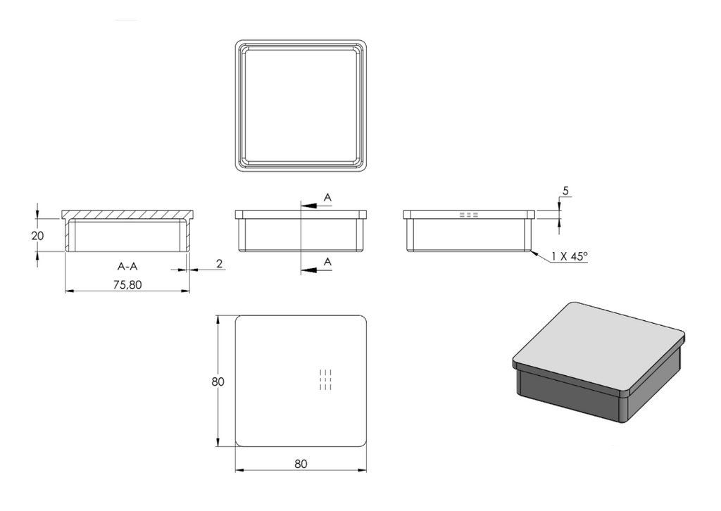 Rohrabschlussstopfen für Rohr 80 x 80 x 2,0 mm
