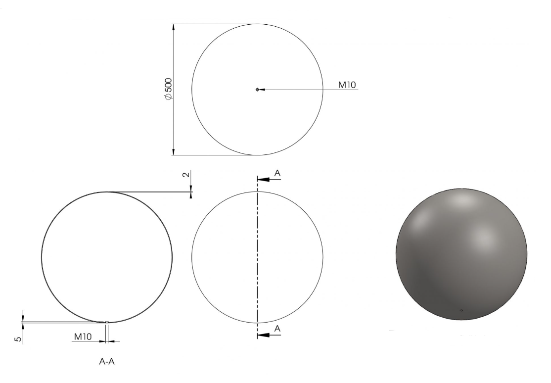 Zeichnung Hohlkugel Ø 500 mm mit Gewinde M10