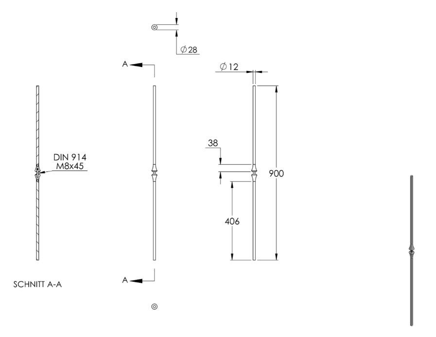 Zierstab, für Zierelement mit Sackloch, Länge 900 mm, V2A