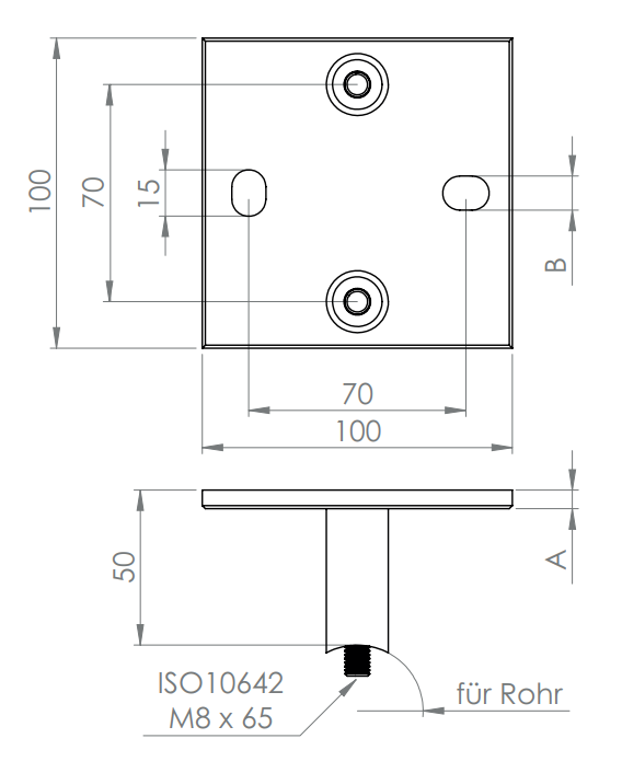 Edelstahl Wandbefestigung für Geländerpfosten 42,4 mm, quadratische Platte, 2 Langlöcher, V2A