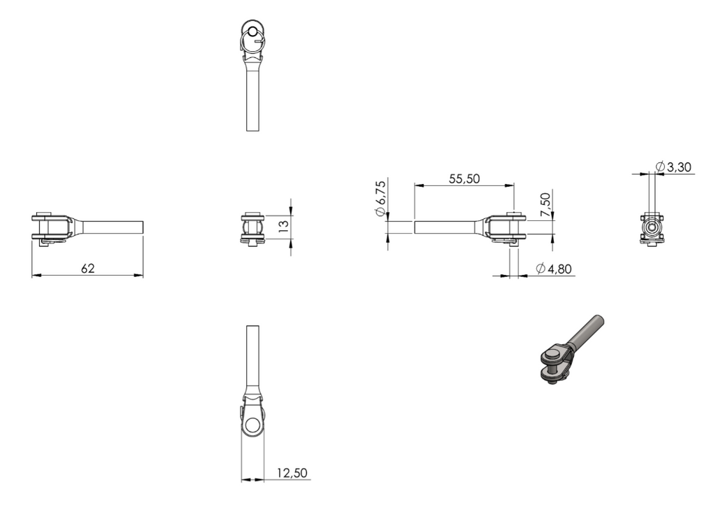 Zeichnung Gabelterminal für Seil Ø 3mm
