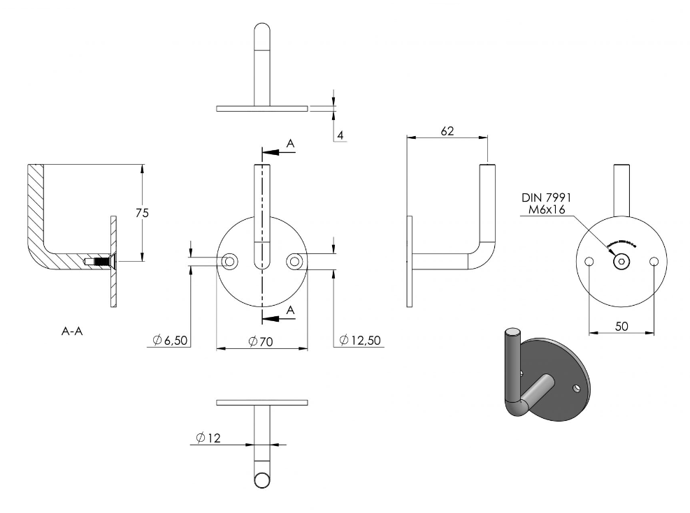 Zeichnung Handlaufhalter mit 62 mm Wandabstand 