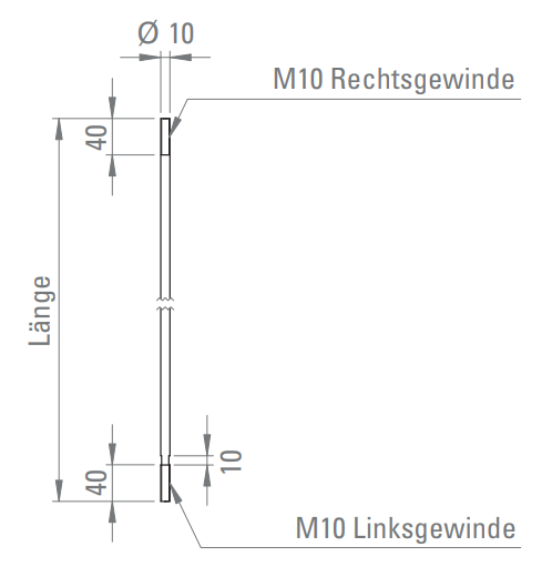 Zugstange mit L-R-Gewinde M10 x 40 mm, zu Vordachsystem Edelstahl