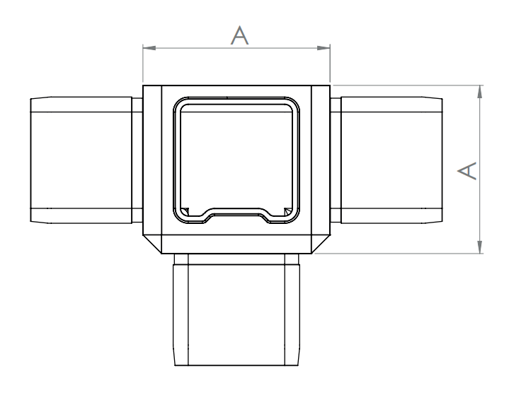 Edelstahl T-Eckverbinder 90° für Quadratrohre, 4 gleiche Abgänge, zum Stecken, V4A