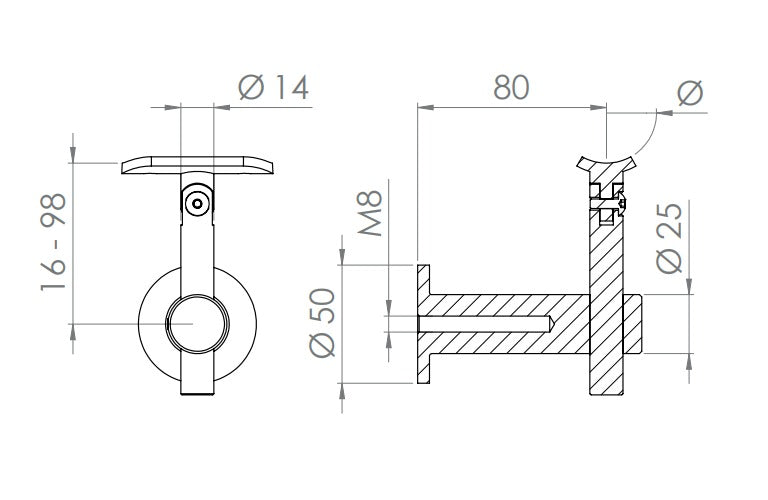 höhenverstellbarer Handlaufhalter mit Innengewinde, Gelenk und Haltenplatte, V2A