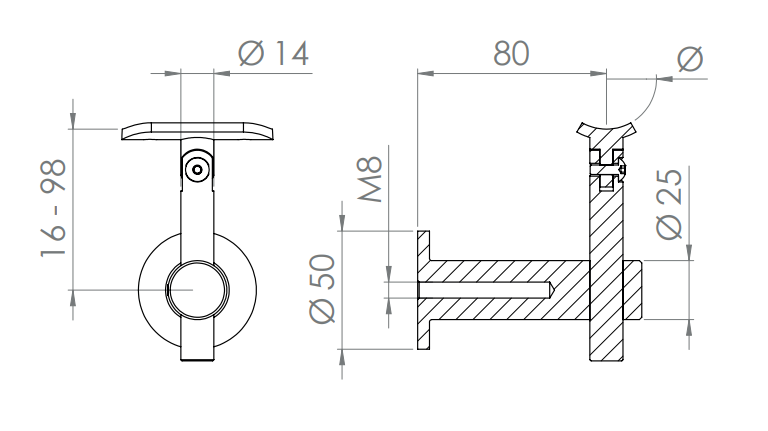 höhenverstellbarer Handlaufhalter mit Innengewinde, Gelenk und Haltenplatte, V2A