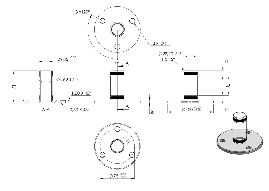 Zeichnung Wand- und Bodenanker Ø 33,7 x 2,0 mm