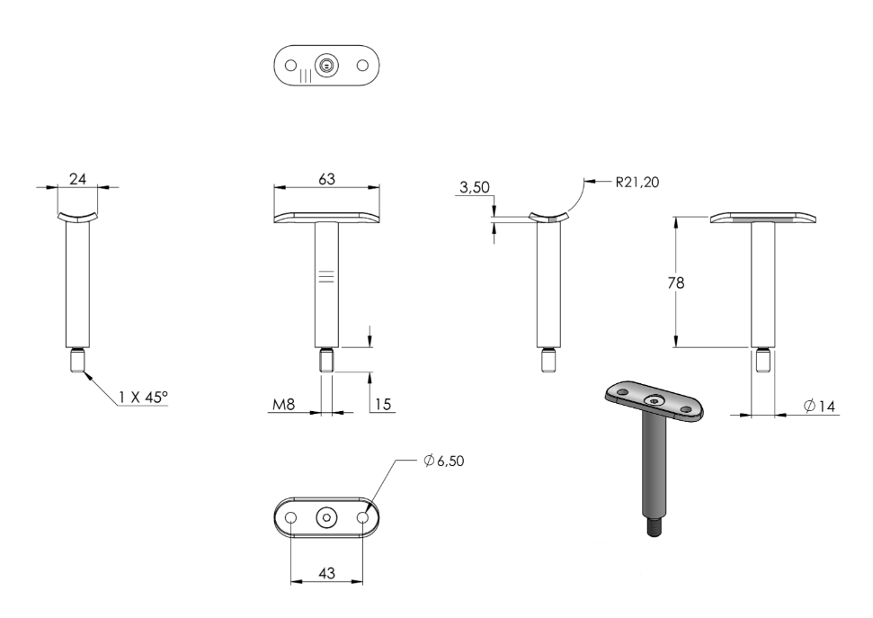 Zeichnung Stift Ø 14 mm, Halteplatte Ø 42,4 mm
