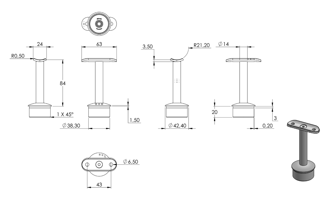 Zeichnung Handlaufstütze für Rohr Ø 42,4 x 2,0 mm, Stift Ø 14 mm, Handlaufanschlussplatte für Rohr Ø 42,4