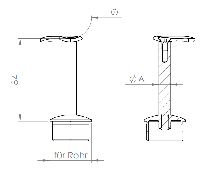 verschraubte Handlaufstütze, Stopfen mit Stift und Handlaufanschlussplatte 90°, V2A