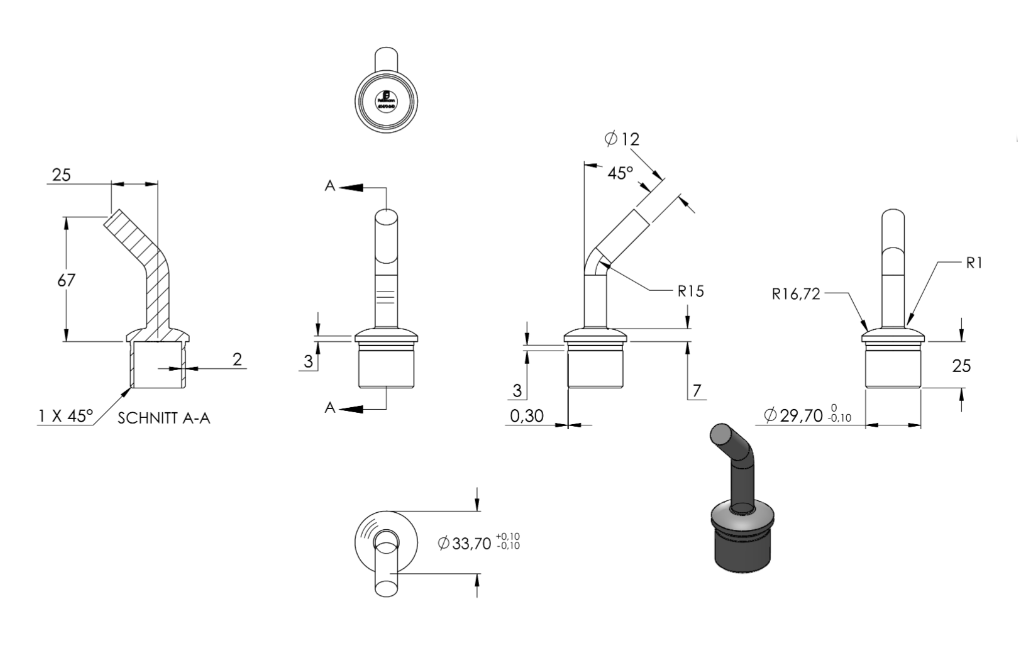 Zeichnung Handlaufstütze für Rohr Ø 33,7 x 2 mm, Stift Ø 12 mm