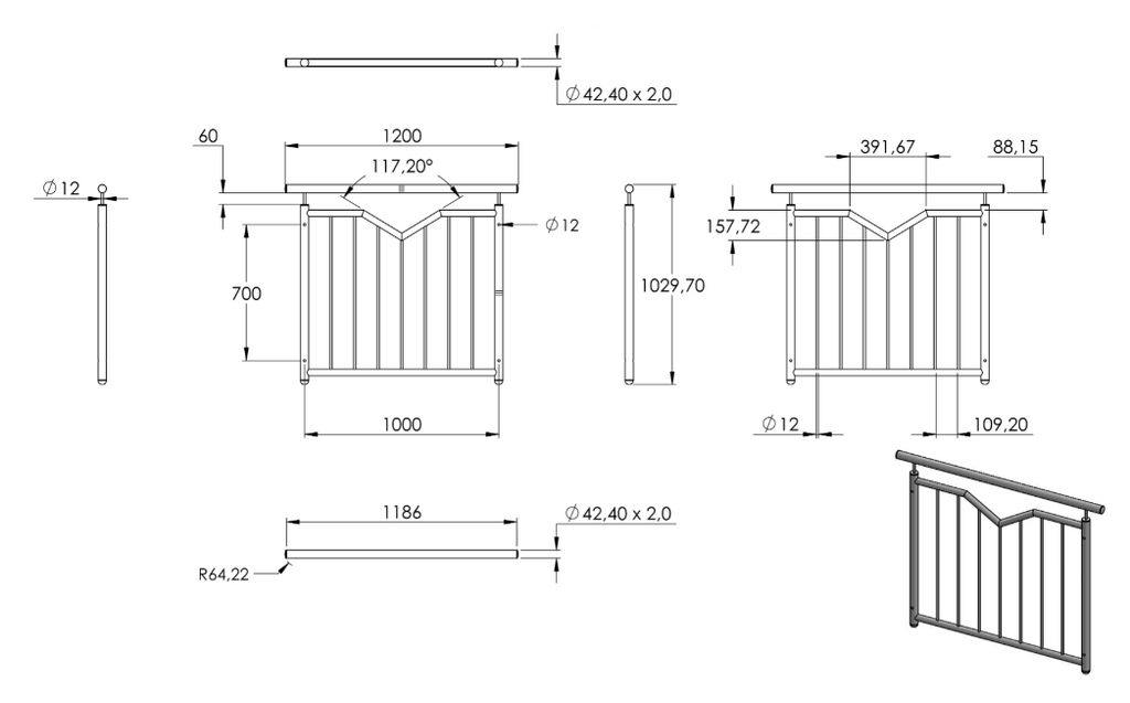 Zeichnung Französisches Balkongitter Breite 1000 mm