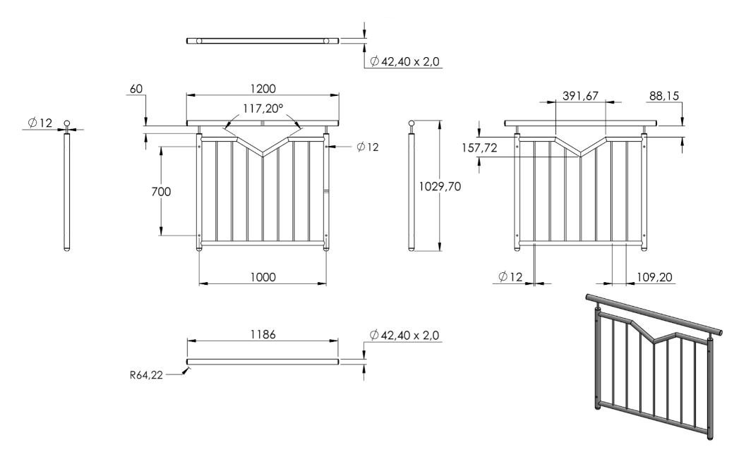 Zeichnung Französisches Balkongitter Breite 1000 mm