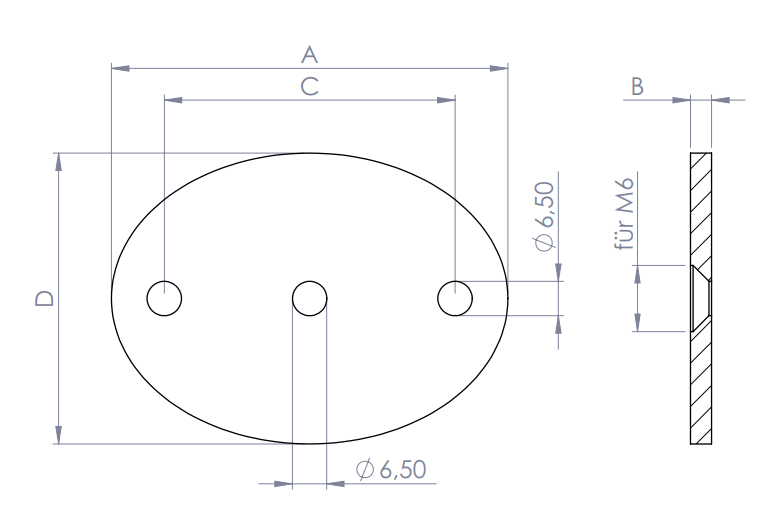 Edelstahl Ronde für Handlaufträger, ohne Fase, Mittelbohrung, 2 Bohrungen, Schrägschliff, V2A