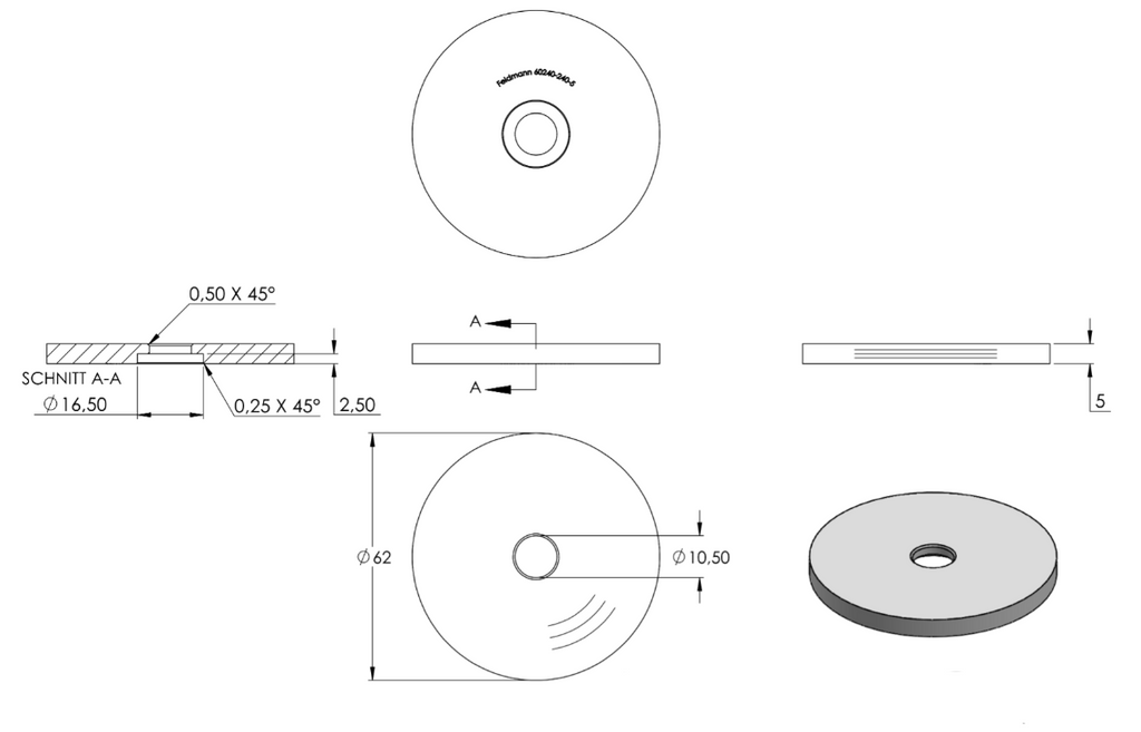 Zeichnung Unterteil 5 mm mit Durchgangsbohrung