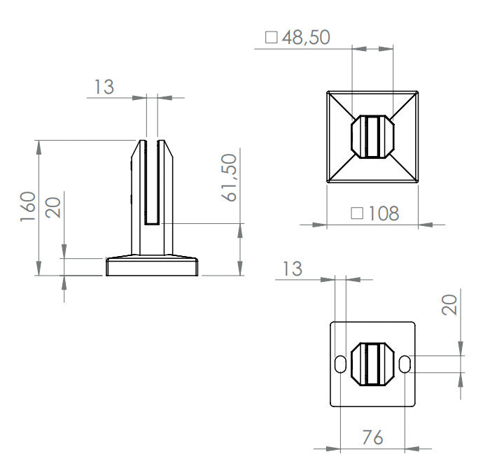 Boden-Glasklemme eckig, V4A 2205