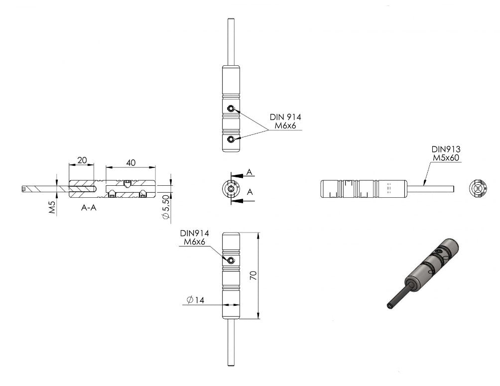 Zeichnung Gewindeterminal für Seil Ø 4 mm, mit Außengewinde M5