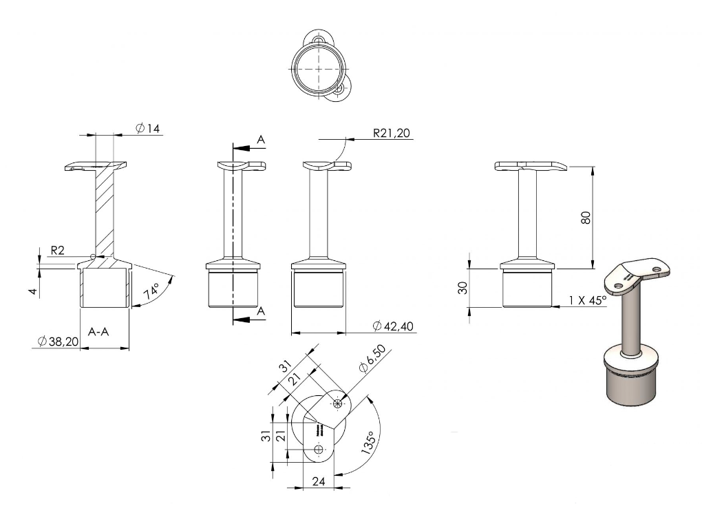 Zeichnung Handlaufstütze für Rohr Ø 42,4 x 2,0 mm