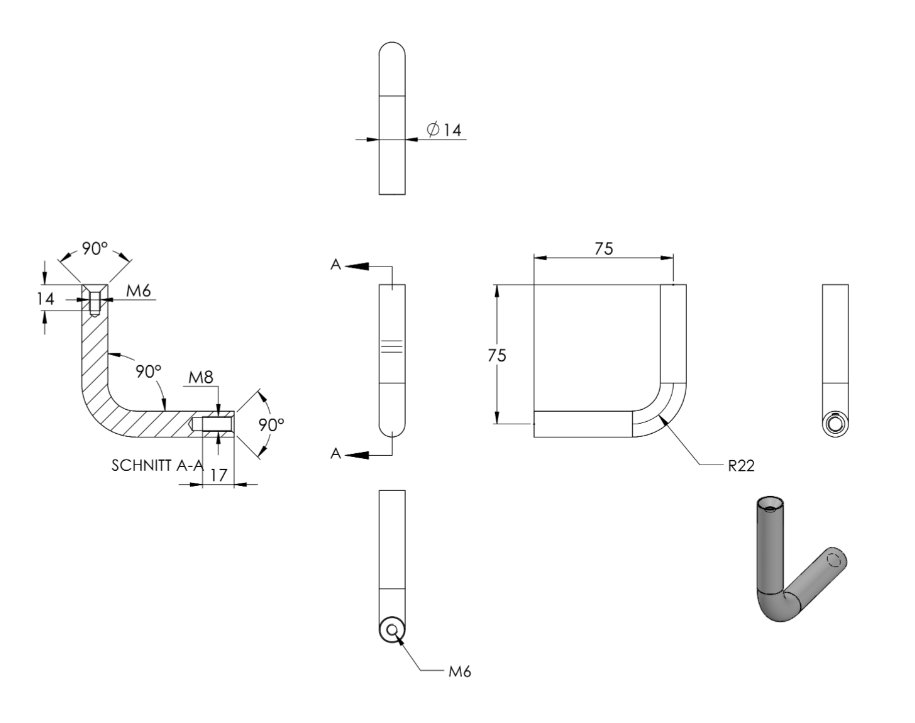 Zeichnung Bügel Ø 14 mm, Gewinde M8 x 20 mm / M6 x 15 mm