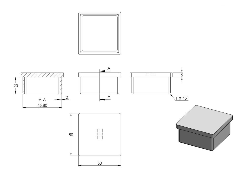 Rohrabschlussstopfen für Rohr 50 x 50 x 2,0 mm