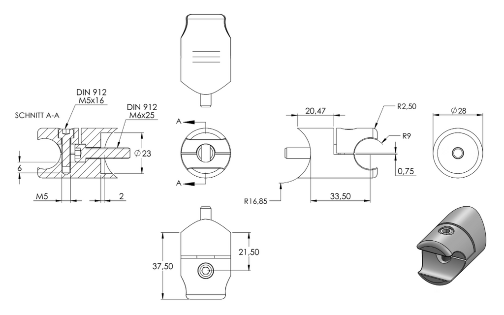 Zeichnung Blechhalter Ø 18 mm Anschluss Ø 33,7 mm