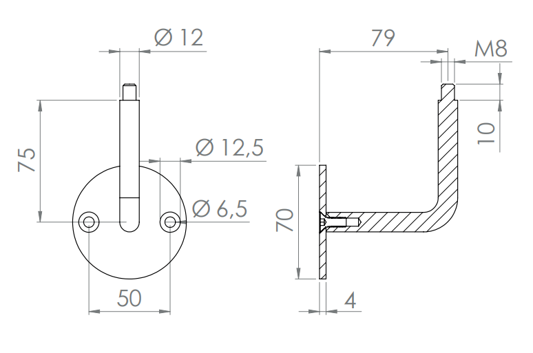 verschraubter Handlaufhalter mit Außengewinde M8, V2A